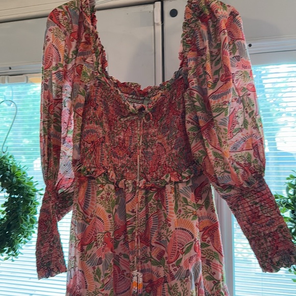 Farm Rio Anthropologie Pink Macaw Flight Smocked Midi Dress - Picture 6 of 13